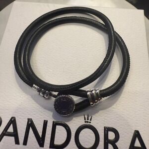 Authentic Pandora, SIZE 17CM. RETIRED Black Leather Double Wrap Bracelet